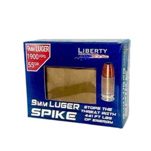 Box of Liberty Spike 9mm 55gr hollow point handgun ammunition, 20 rounds