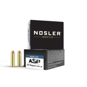 Box of Nosler ASP .357 Magnum 125gr JHP handgun ammunition, 20 rounds