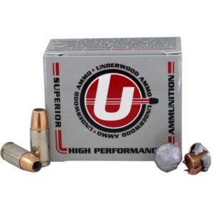 Underwood Ammo 9mm Luger +P+ Jacketed Hollow Point 20-round box with nickel-plated brass cartridges