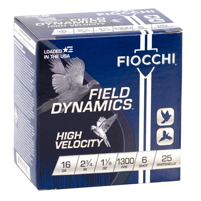 Fiocchi High Velocity 16 Gauge Ammo 2 3/4″ 1 1/8 oz #6 Lead Shot 1300FPS  25/bx – 16HV6