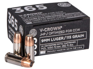 Sig Sauer Elite V-Crown 365 9mm Luger 115gr JHP 20rd box with nickel-plated brass cases