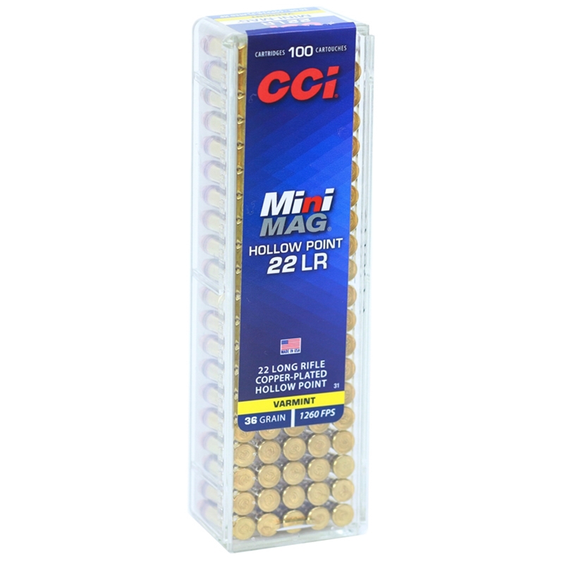 CCI Mini-Mag 22 Long Rifle Ammo 36 Grain Copper Plated Lead Hollow Point 100/bx - 0031