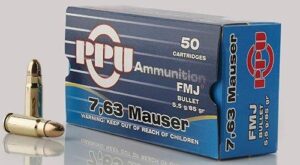 PPU 7.63mm Mauser 85 gr FMJ ammunition box and cartridges