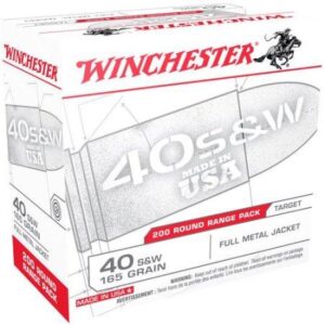 Winchester USA, .40 S&W, 165 Grain, FMJ, Brass Case, Centerfire Pistol Ammo, 200 Rounds Box, USA40W