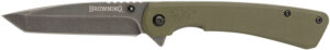 Browning 3220507 Branded Rock  EDC 3" Folding Tanto Plain Black Stonewashed 7Cr17MoV SS Blade OD Green, G10 Handle
