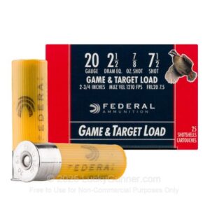 Federal 20 Gauge - 2-3/4" 7/8oz. #7.5 Shot - Federal Field & Range - 25 Rounds - FRL20 7.5