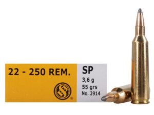Sellier & Bellot .22-250 Remington 55 gr Soft Point ammunition box, 20 rounds