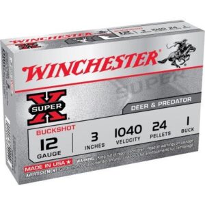 Winchester Super-X Shotshell 12 Gauge #1 Buckshot 24 Pellets 3in Centerfire Shotgun Buckshot Ammo, 5 Rounds, XB1231