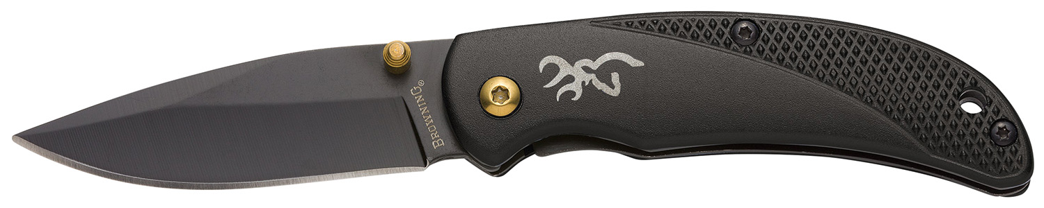 Browning 3220340 Prism 3 EDC Folding 2.38" Plain Black Oxide 7Cr17MoV SS Blade, Black w/Brass Accents & Logo Anodized Aluminum Handle, Includes Pocket Clip