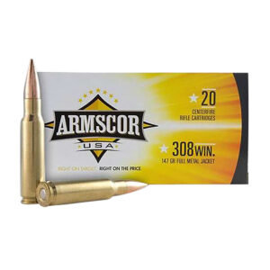 Armscor .308 Win 20rd FMJ rifle ammunition box, brass-cased cartridges