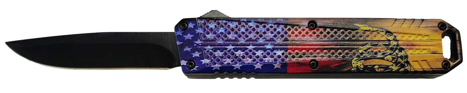 Xcaliber Knife Company Don't Tread on Me Medium 3.20" OTF Drop Point Plain Black 440C SS Blade, 4.80" US Flag Aluminum Handle