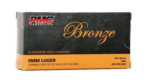 PMC Ammunition PMC Bronze 9mm Luger 147 Grain Full Metal Jacket Brass Cased Pistol Ammo, 50 Rounds, Brass, PMC9H